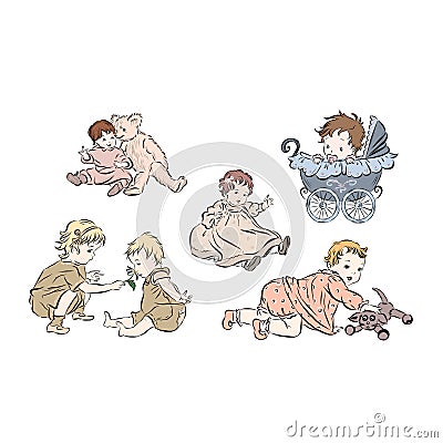 Set with newborns in vintage style. Vector Illustration